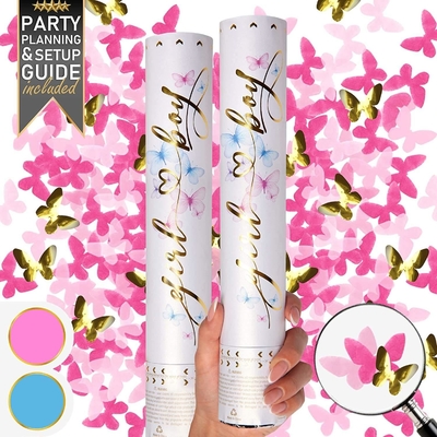 Γέννημα Αποκαλύψτε Confetti Cannon Butterfly Shape Pink 2 Pack Γέννημα Αποκαλύψτε Boy Girl Poppers